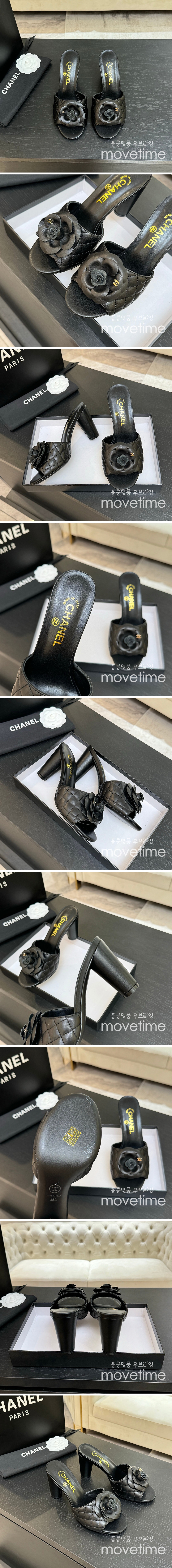 [홍콩명품.CHANEL] 샤넬 25SS 로고 여성 플라워 장식 레더 가죽 퀄팅 굽 샌들 (블랙), SE5118, GHS, 명품스니커즈,운동화,구두,로퍼,하이탑,신발