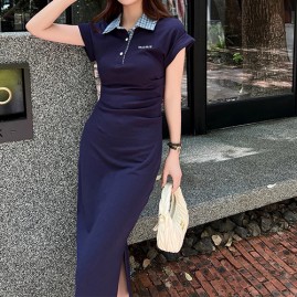 [홍콩명품,MIU MIU] 미우미우 25SS 로고 자수 여성 카라 롱 원피스 (2컬러), BM21250, MR, 홍콩명품의류,구매대행,온라인명품