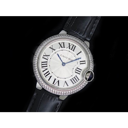 까르띠에 발롱블루 42mm 다이아몬드 베젤  실버 다이얼, 블랙가죽스트랩, 홍콩명품남자시계, CARTIER