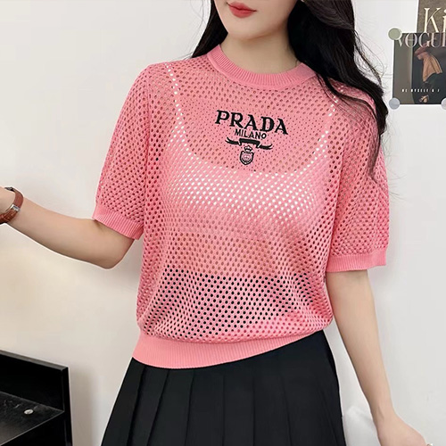 [홍콩명품,PRADA] 프라다 24SS 삼각로고 여성 니트 망사 반팔 티셔츠 (3컬러), BM14152, TBG, 홍콩명품의류,구 매대행,온라인명품