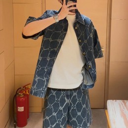 [홍콩명품.LOUIS VUITTON] 루이비통 24SS 로고 모노그램 데님 반팔 남방 셔츠 + 쇼츠 반바지 상하의 세트, BM14649, JU, 홍콩명품의류,구매대행,온라인명품