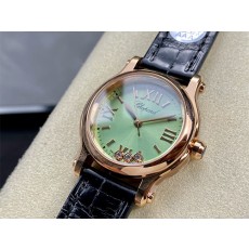 [홍콩명품시계.CHOPARD] 쇼파드 HAPPY DIAMONDS 쿼츠 시계 여성, 그린 다이얼 30MM, 블랙 가죽 밴드