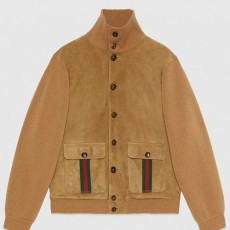 [홍콩명품.Gucci] 구찌 24SS 로고 하이넥 레더 가죽 레이어드 봄버 자켓 (카라멜), BM17208, PG, 홍콩명품의류,구매대행,온라인명품