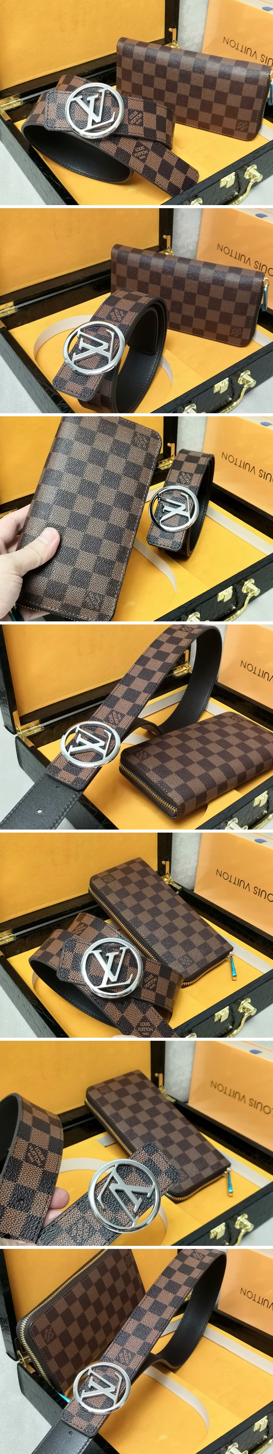 [홍콩명품.LOUIS VUITTON] 루이비통 25SS 로고 다미에 레더 가죽 벨트 + 장지갑 세트 (브라운), BT1392, BE, 명품레플리카,인터넷쇼핑몰,남자명품,해외직구