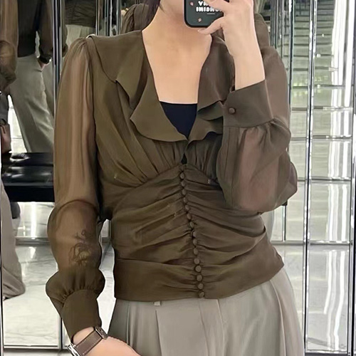 [홍콩명품.YSL] 입생로랑 25SS 로고 여성 블라우스 셔츠 (브라운), BM19582, 13C, 홍콩명품의류,구매대행,온라인명품