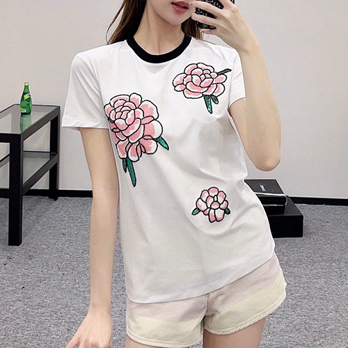 [홍콩명품.CHANEL] 샤넬 25SS 로고 여성 플라워 장식 반팔 티셔츠 (화이트), BM19721, TBG, 홍콩명품의류,구매대행,온라인명품