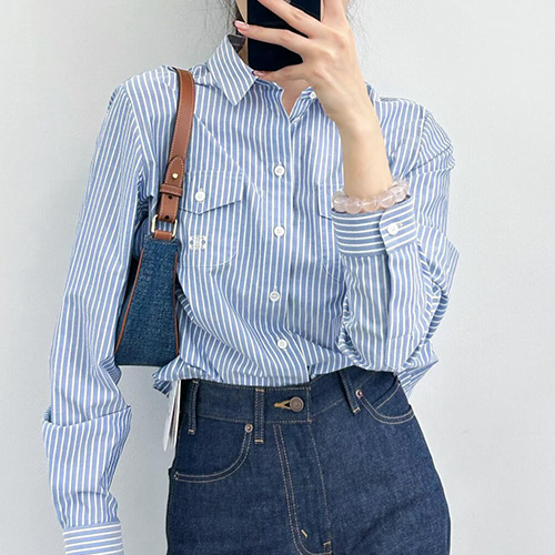 [홍콩명품.CELINE] 셀린느 25SS 로고 여성 스트라이프 남방 셔츠 (스카이블루), BM19913, TBG, 홍콩명품의류,구매대행,온라인명품