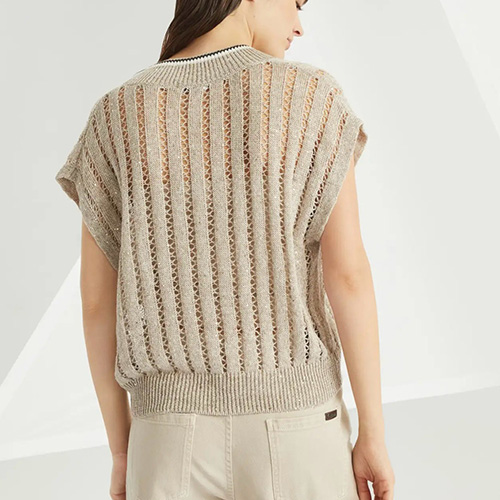 [홍콩명품.Brunello Cucinelli ] 브루넬로 쿠치넬리 25SS 로고 여성 V넥 니트 탑 (베이지), BM20437, 13C, 홍콩명품의류,구매대행,온라인명품