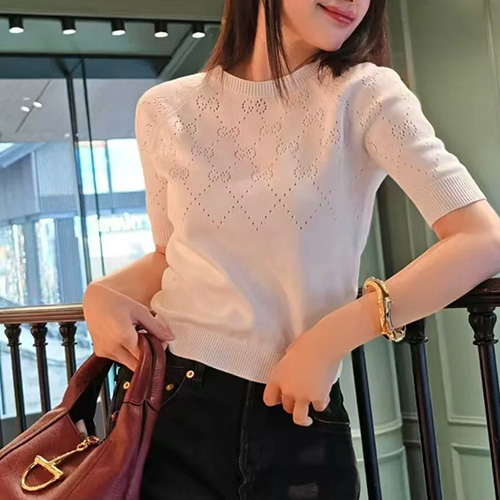 [홍콩명품.Gucci] 구찌 25SS 로고 여성 니트 반팔 티셔츠 (화이트), BM20443, 13C, 홍콩명품의류,구매대행,온라인명품