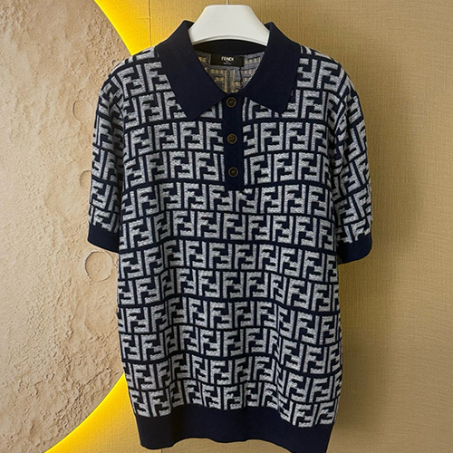 [홍콩명품,FENDI] 펜디 25SS 로고 FF패턴 카라 폴로 니트 반팔 티셔츠 (네이비), BM21095, KOO, 홍콩명품의류,구매대행,온라인명품