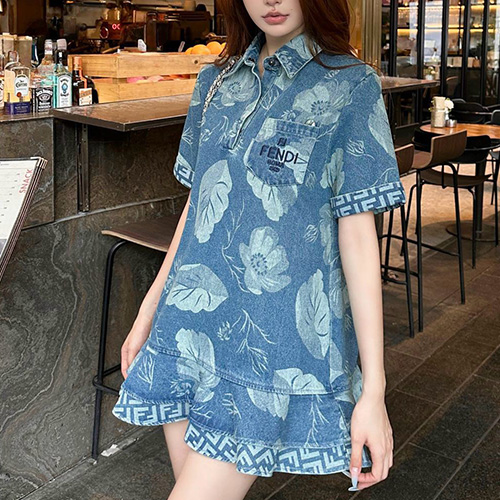 [홍콩명품,FENDI] 펜디 25SS 로고 패턴 여성 데님 셔츠 원피스, BM21131, TBG, 홍콩명품의류,구매대행,온라인명품
