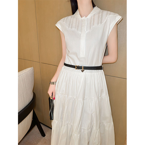 [홍콩명품,PRADA] 프라다 25SS 로고 여성 벨티드 슬리브리스 롱 원피스 (화이트), BM21132, TBG, 홍콩명품의류,구매대행,온라인명품