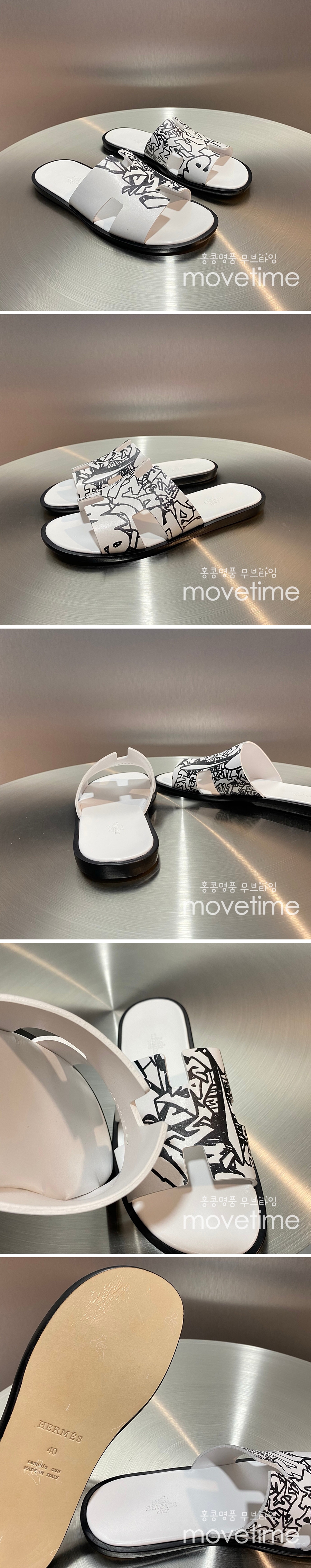 [홍콩명품.Hermes] 에르메스 25SS 로고 그래픽 이즈미르 레더 가죽 슬리퍼 (화이트), SE5199, GHS, 명품스니커즈,운동화,구두,로퍼,하이탑,신발