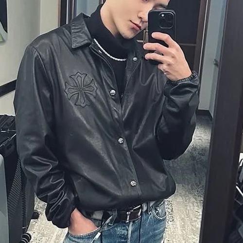 [홍콩명품.Chrome Hearts] 크롬하츠 25SS 로고 레더 가죽 카라 봄버 자켓 (블랙), BM22594, JL, 레플리카의류,미러급사이트