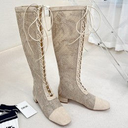 [홍콩명품,Christian Dior] 디올 25SS 로고 여성 레더 가죽 레이스 장식 롱 구두 부츠 (베이지), SE5583, GHS, 명품스니커즈,운동화,구두,로퍼,하이탑,신발