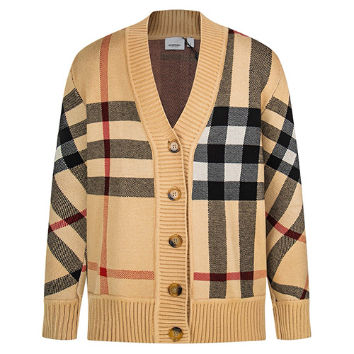 [홍콩명품.Burberry] 버버리 25SS 로고 체크패턴 V넥 니트 가디건 (카라멜), BM22763, S1F, 레플리카의류,미러급사이트