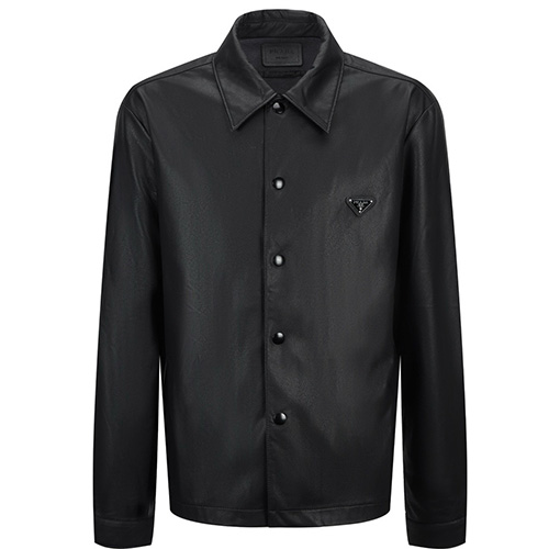 [홍콩명품,PRADA] 프라다 25SS 삼각로고 레더 가죽 카라 자켓 (블랙), BM22796, JL, 레플리카의류,미러급사이트