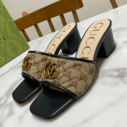 [홍콩명품.Gucci] 구찌 25SS 로고 여성 GG수프림 6.5cm 굽 샌들 슬리퍼 (카라멜-블랙), SE5710, GHS, 명품스니커즈,운동화,구두,로퍼,하이탑,신발