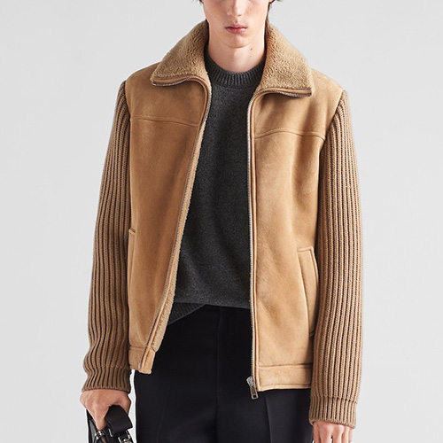 [홍콩명품,PRADA] 프라다 25SS 로고 레더 가죽 레이어드 카라 봄버 자켓 (카라멜), BM22833, TOM, 레플리카의류,미러급사이트