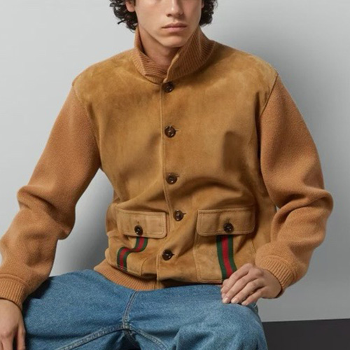 [홍콩명품.Gucci] 구찌 25SS 로고 레더 가죽 캐시미어 레이어드 하이넥 봄버 자켓 (카라멜), BM22836, TOM, 레플리카의류,미러급사이트