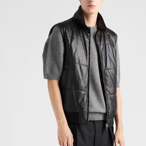 [홍콩명품,PRADA] 프라다 25SS 로고 레더 가죽 다운 패딩 조끼 베스트 (블랙), BM22840, TOM, 레플리카의류,미러급사이트