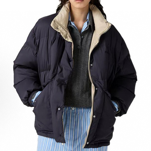 [홍콩명품,MIU MIU] 미우미우 25SS 로고 리버서블 다운 패딩 자켓 (네이비-베이지), BM22959, KB, 레플리카의류,미러급사이트