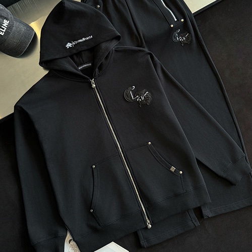 [홍콩명품.Chrome Hearts] 크롬하츠 25SS 로고 트레이닝 후드 집업 자켓 + 조거 팬츠 바지 상하의 세트 (블랙), BM23377, G5, 레플리카의류,미러급사이트