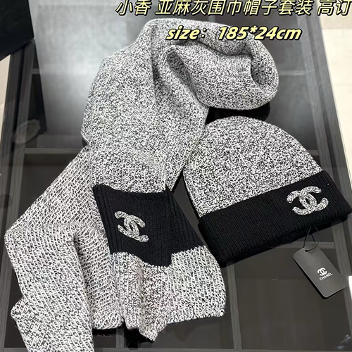 [홍콩명품.CHANEL] 샤넬 25SS 로고 캐시미어 비니 모자 + 스카프 머플러 세트 (그레이), CA0398, 명품레플리카 모자 캡 남자여자