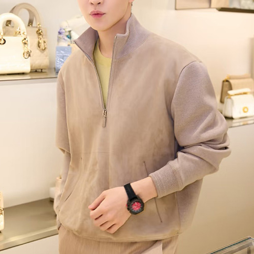 [홍콩명품,Christian Dior] 디올 25SS 로고 하이넥 하프지퍼 레더 가죽 캐시미어 레이어드 아노락 티셔츠 (베이지), BM24102, PG, 레플리카의류,미러급사이트