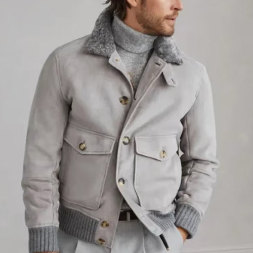 [홍콩명품.Brunello Cucinelli ] 브루넬로 쿠치넬리 26SS 로고 퍼카라 레더 가죽 봄버 자켓 (그레이), BM24328, TOM, 레플리카의류,미러급사이트