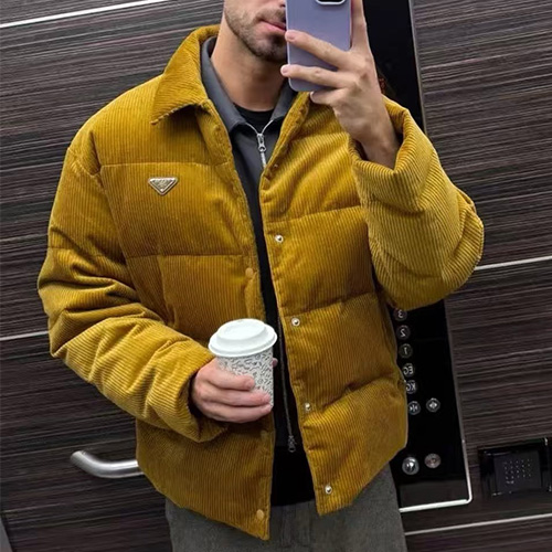 [홍콩명품,PRADA] 프라다 26SS 삼각로고 코드류이 골덴 카라 구스다운 패딩 자켓 (브라운), BM24658, JL, 레플리카의류,미러급사이트