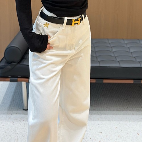 [홍콩명품.Hermes] 에르메스 26SS 로고 여성 오버핏 데님 팬츠 진 청바지 (화이트), BM25139, COCO, 무료배송