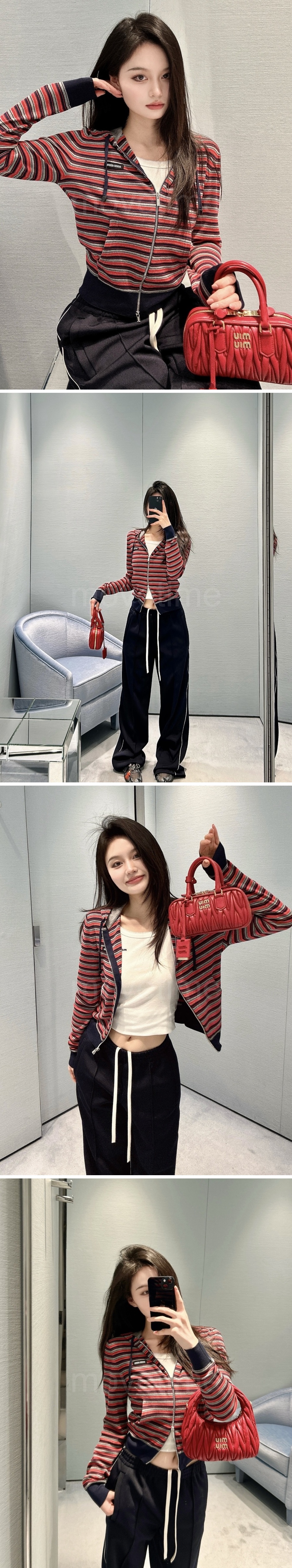 미우미우 로고 여성 스트라이프 후드 집업 자켓 (레드) 26SS 상세이미지 2