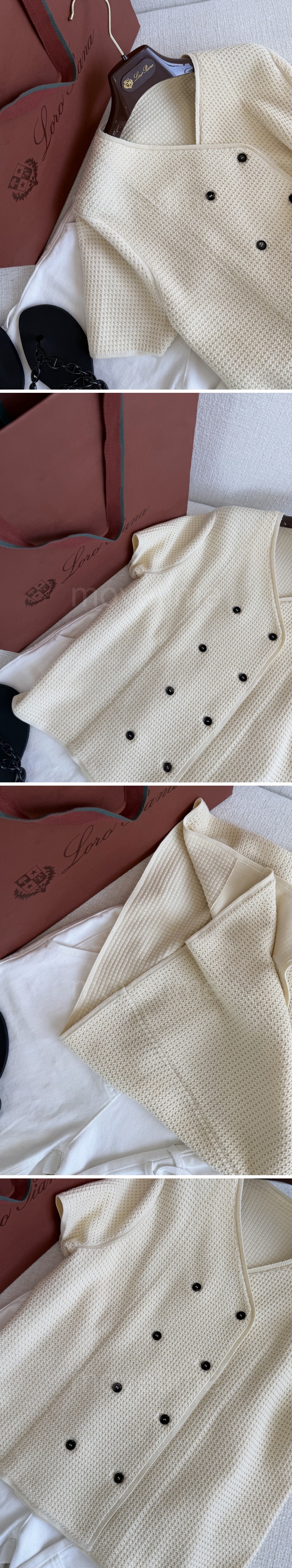 로로피아나 로고 여성 반팔 가디건 + 탑 + 팬츠 바지 3PCS 상하의 세트 (아이보리) 26SS 상세이미지 3
