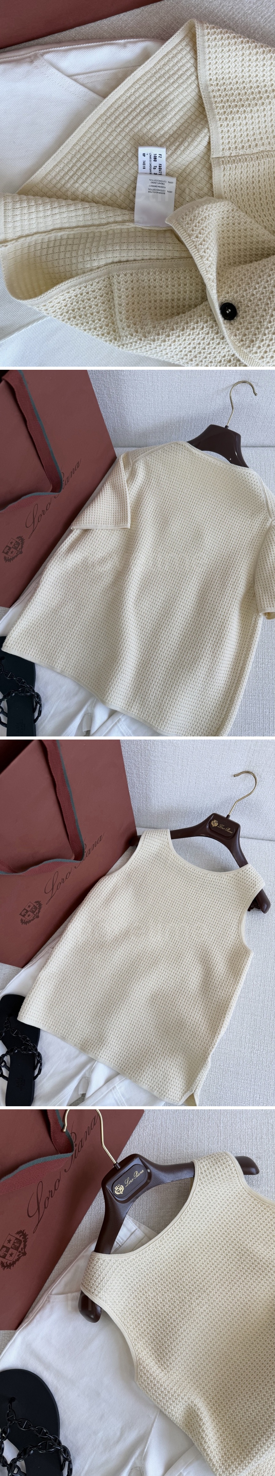 로로피아나 로고 여성 반팔 가디건 + 탑 + 팬츠 바지 3PCS 상하의 세트 (아이보리) 26SS 상세이미지 4