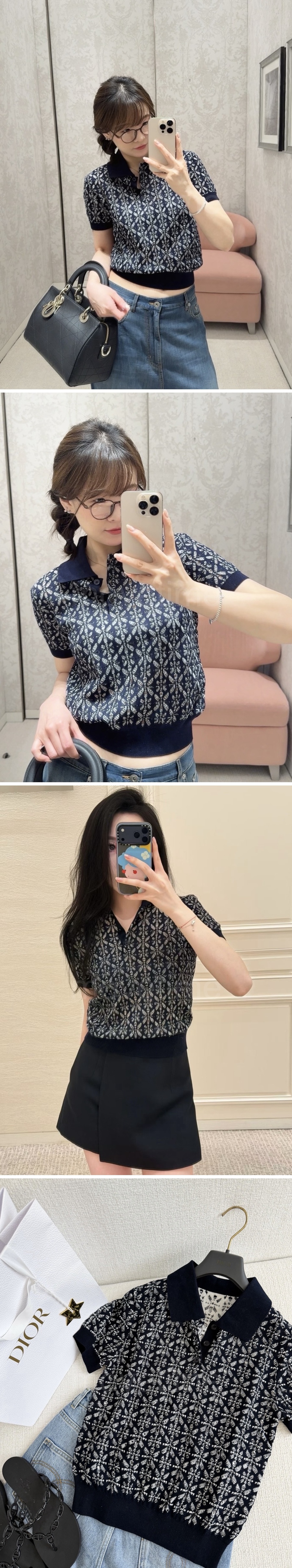 디올 로고 패턴 여성 니트 카라 반팔 티셔츠 (네이비) 26SS 상세이미지 2