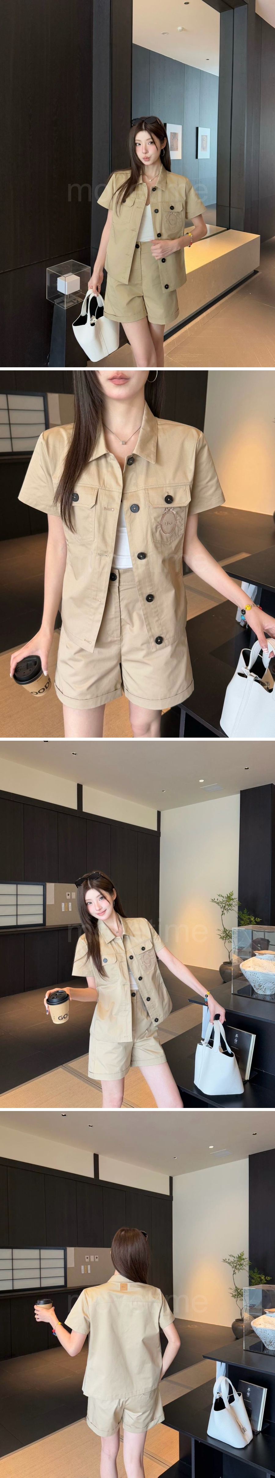 디올 로고 여성 반팔 남방 셔츠 + 미니 쇼츠 반바지 상하의 세트 (베이지) 26SS 상세이미지 2