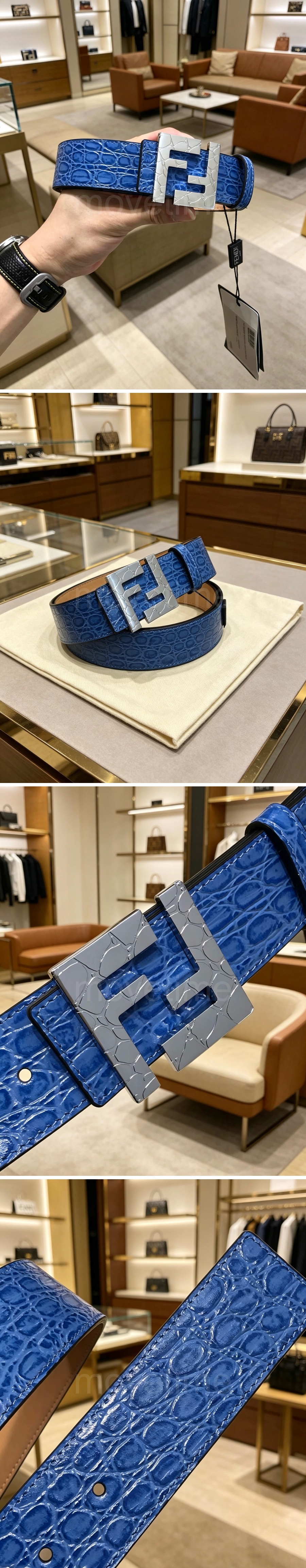 펜디 로고 FF 레더 가죽 3.9cm 벨트 (블루-은장) 26SS 상세이미지 2