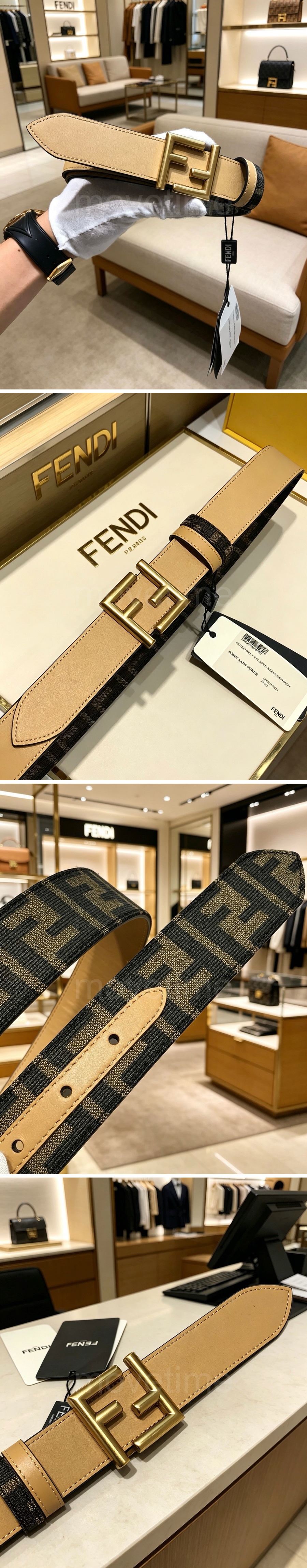 펜디 로고 FF 레더 가죽 리버서블 3.5cm 벨트 (베이지-브라운-금장) 26SS 상세이미지 2