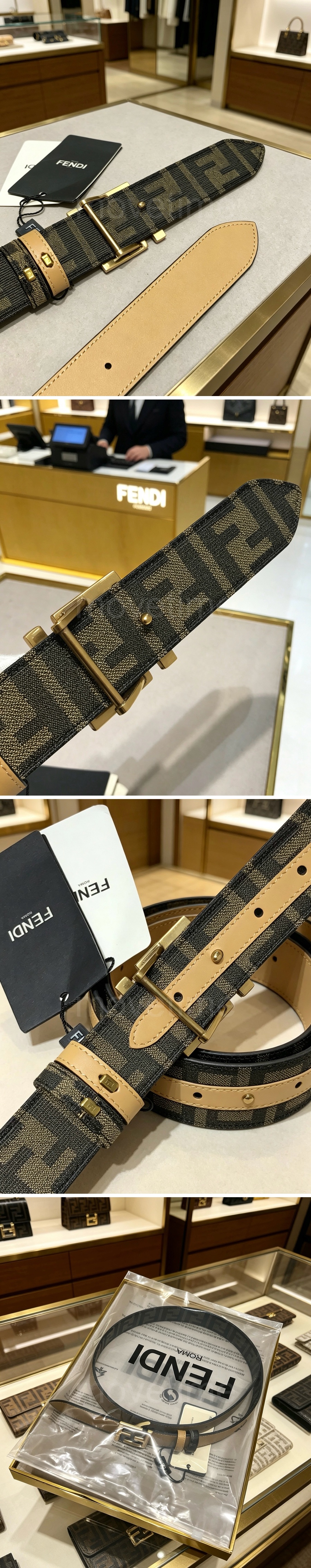 펜디 로고 FF 레더 가죽 리버서블 3.5cm 벨트 (베이지-브라운-금장) 26SS 상세이미지 3