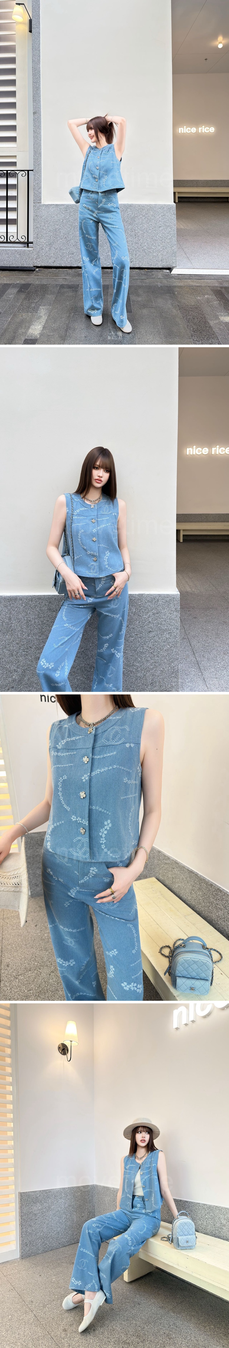 샤넬 여성 데님 조끼 베스트 + 오버핏 데님 팬츠 진 청바지 상하의 세트 26SS 상세이미지 2