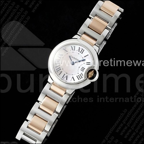 까르띠에 발롱 블루 28mm AF 1:1 베스트 에디션 화이트 자개 다이얼, 스테인리스 스틸/로즈골드 브레이슬릿, 론다 쿼츠 시계