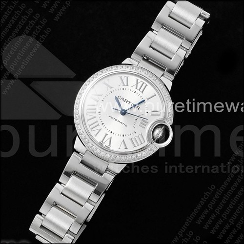 까르띠에 발롱 블루 33mm AF 1:1 베스트 에디션 실버 다이얼 다이아몬드 베젤 스테인리스 스틸 브레이슬릿 론다 쿼츠 시계