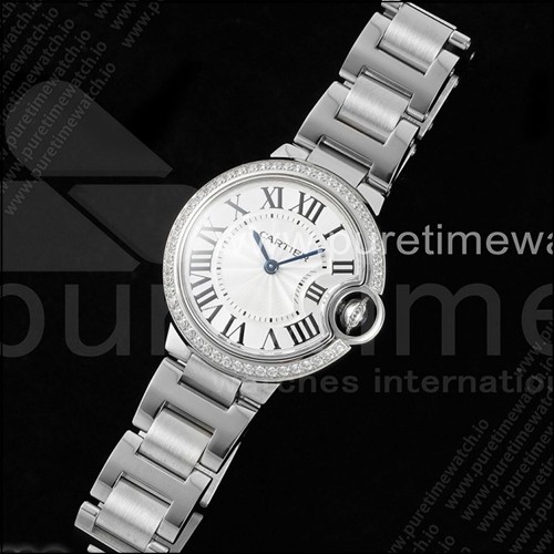 까르띠에 발롱 블루 33mm AF 1:1 베스트 에디션 화이트 다이얼 다이아몬드 베젤 스테인리스 스틸 브레이슬릿 론다 쿼츠 시계