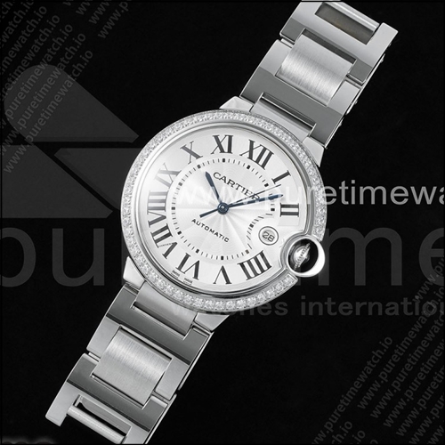 까르띠에 발롱 블루 42mm 스테인리스 스틸 CHF 1:1 베스트 에디션 화이트 텍스처 다이얼 1라인 다이아몬드 베젤 스테인리스 스틸 브레이슬릿 A2824