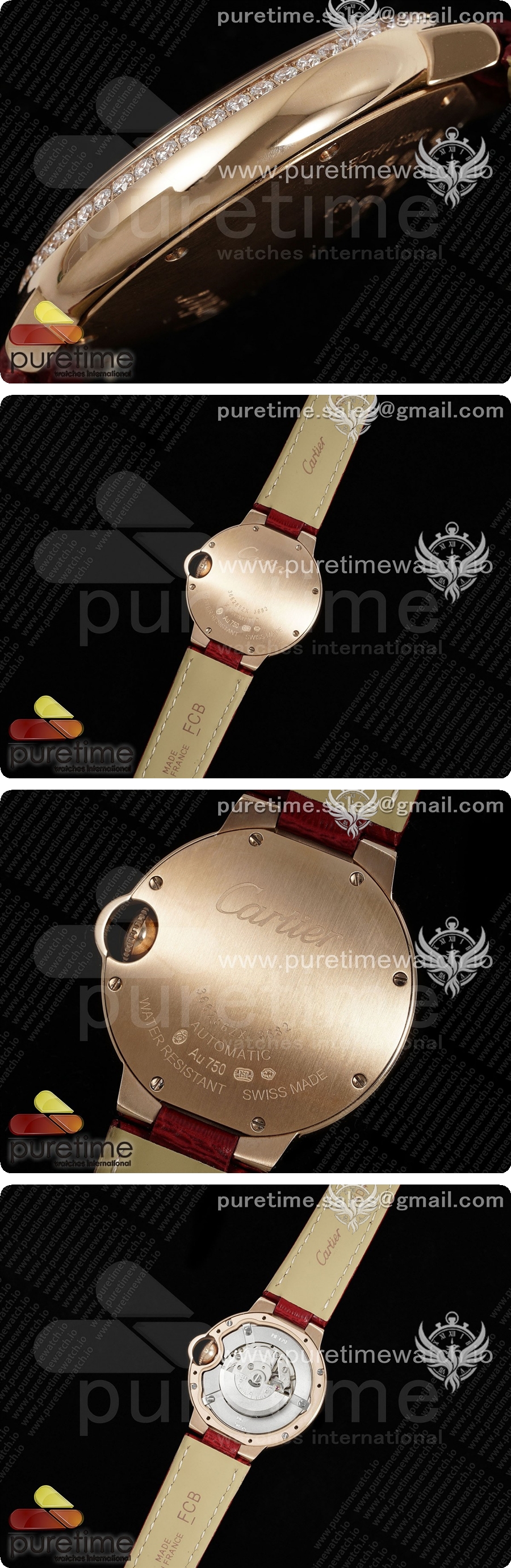 까르띠에 발롱 블루 33mm 로즈골드 AF 1:1 베스트 에디션 실버 텍스처 다이얼 다이아몬드 베젤 레드 가죽 스트랩 론다 쿼츠 상세이미지 4