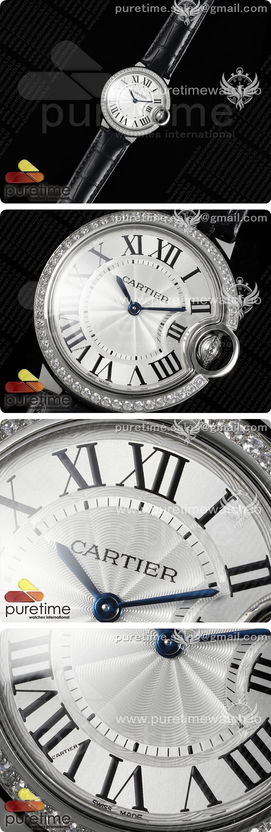 까르띠에 발롱 블루 33mm 스테인리스 스틸 AF 1:1 베스트 에디션 화이트 다이얼 다이아몬드 베젤 블랙 가죽 스트랩 론다 쿼츠 시계 상세이미지 2