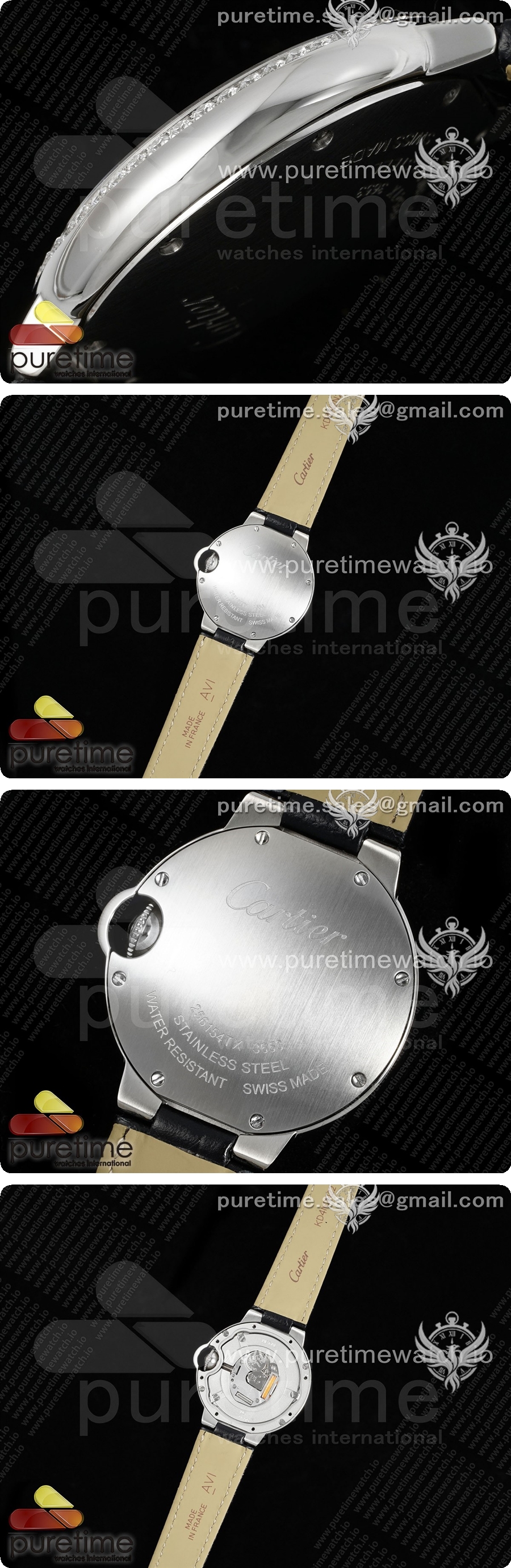까르띠에 발롱 블루 33mm 스테인리스 스틸 AF 1:1 베스트 에디션 화이트 다이얼 다이아몬드 베젤 블랙 가죽 스트랩 론다 쿼츠 시계 상세이미지 4