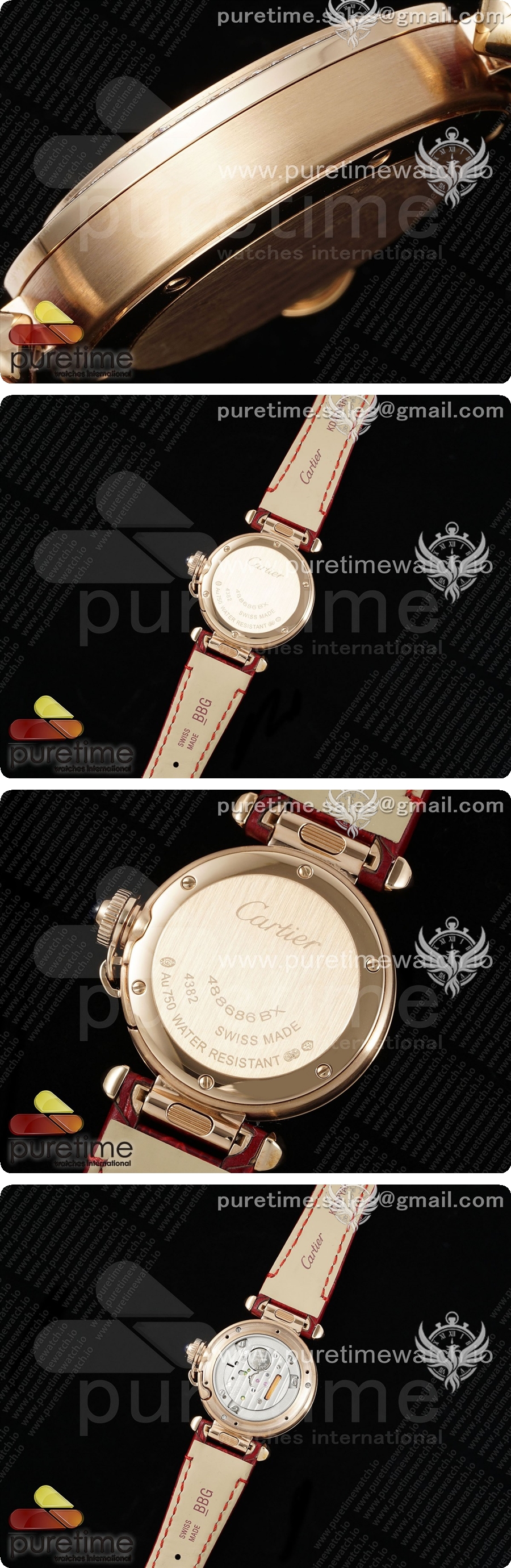 까르띠에 파샤 30mm 로즈골드  AF 1:1 베스트 에디션 화이트 텍스처 다이얼 다이아몬드 베젤 레드 가죽 스트랩 Jaq 쿼츠 상세이미지 4
