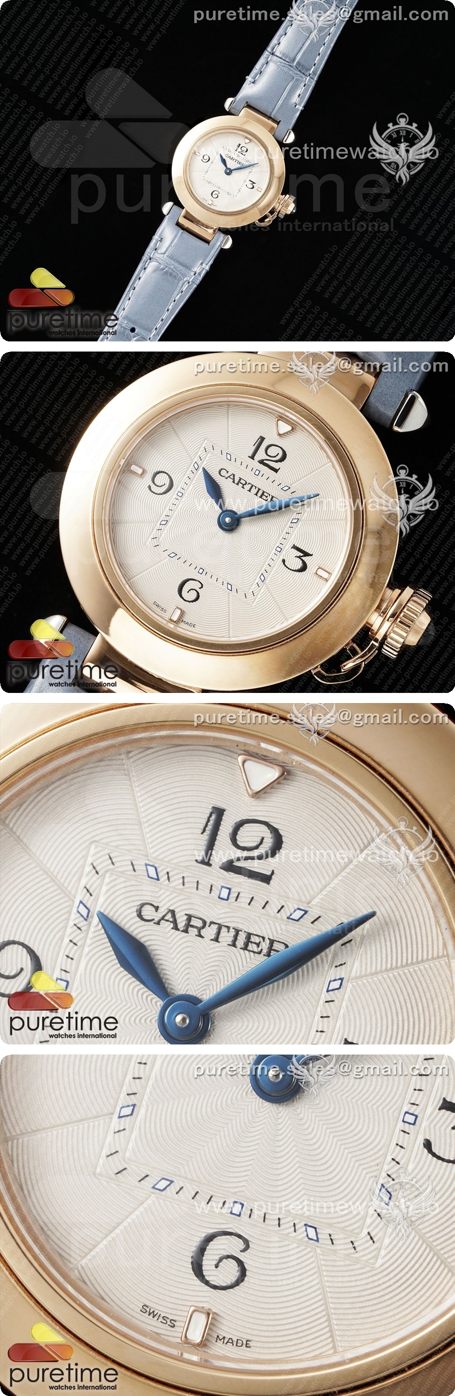 까르띠에 파샤 30mm RG AF 1:1 베스트 에디션 화이트 텍스처 다이얼 블루 가죽 스트랩 Jaq 쿼츠 상세이미지 2